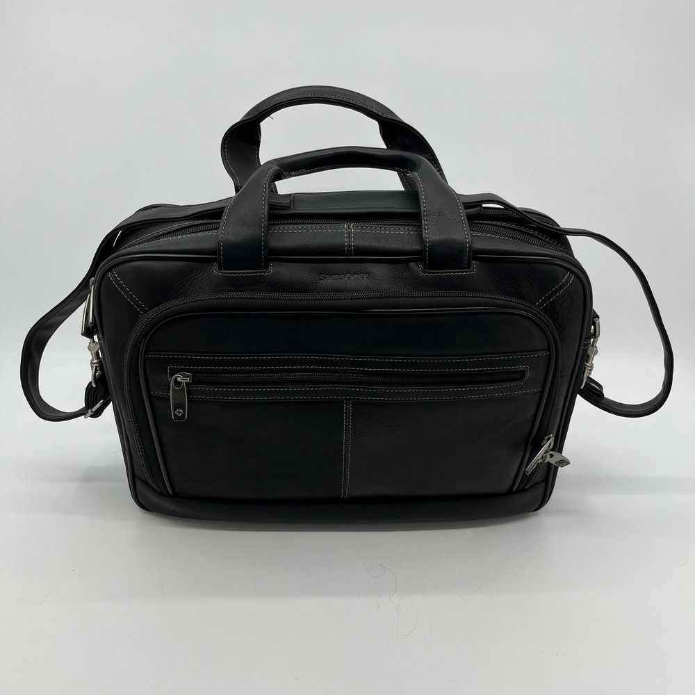 Samsonite Black Leather Laptop Briefcase Expandable Shoulder Messenger Work Bag